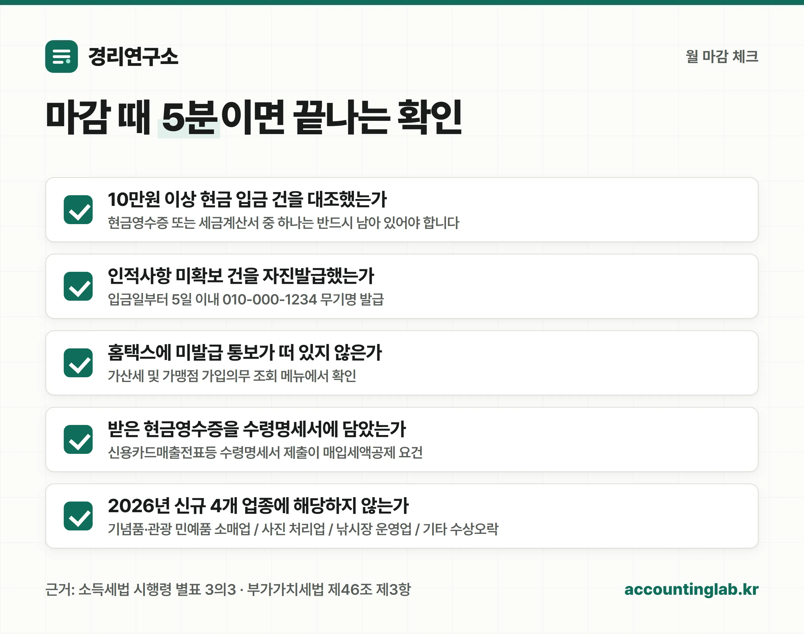 현금영수증 마감 체크리스트 5항목