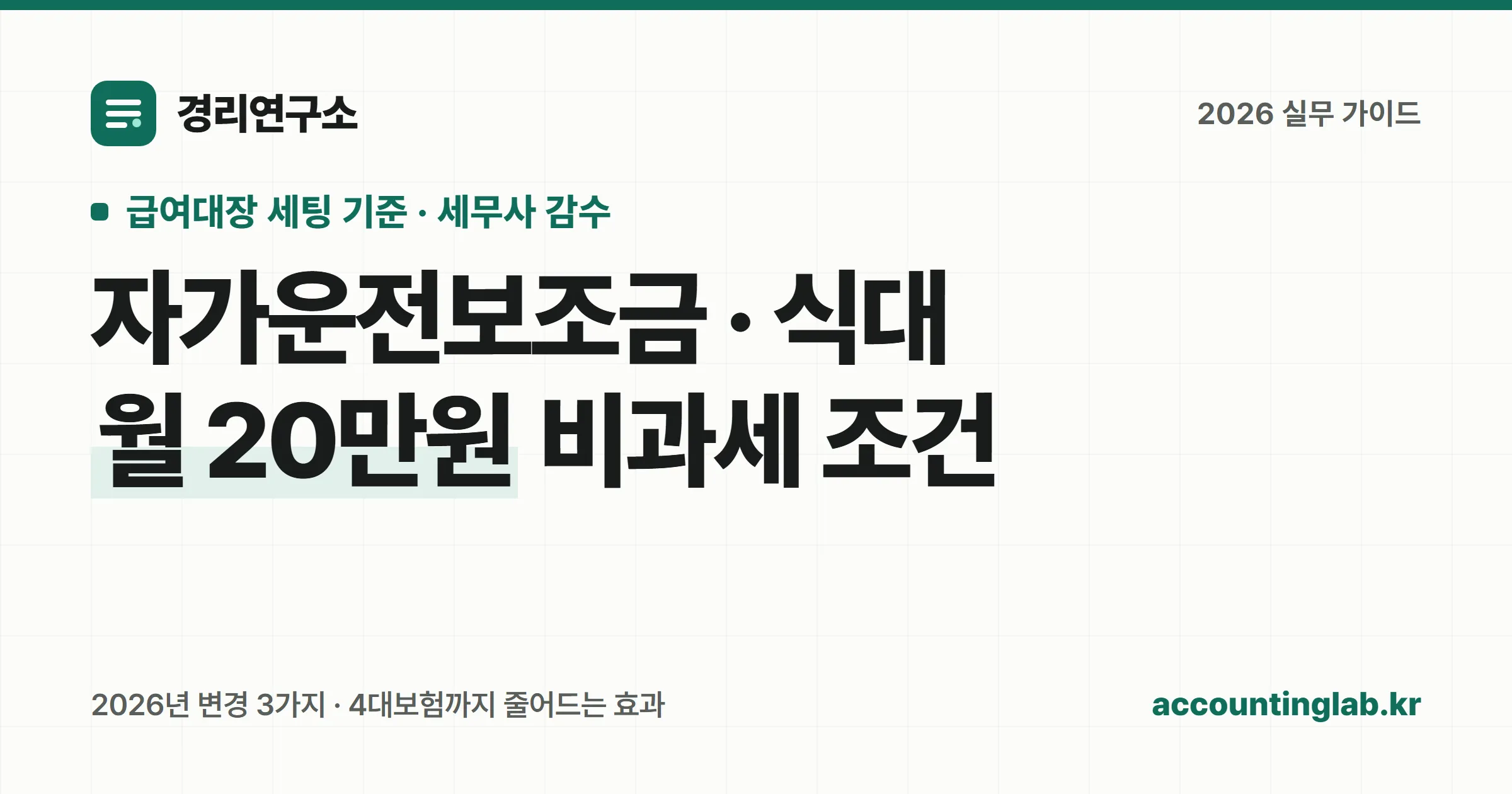 자가운전보조금 월 20만원과 비과세 식대 월 20만원 등 2026년 비과세 급여 항목과 조건을 정리한 경리 실무 안내 이미지