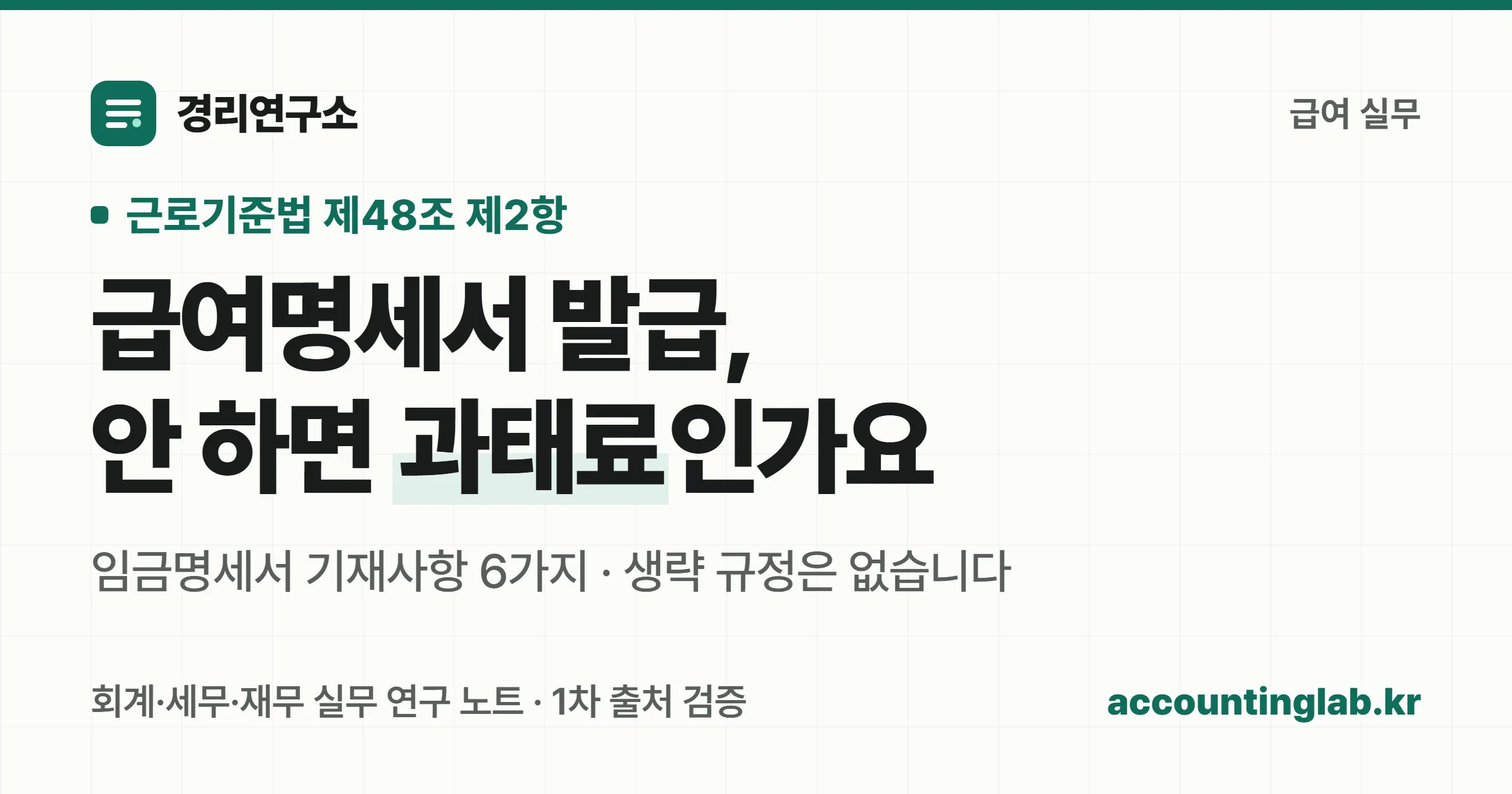 급여명세서 발급 의무와 임금명세서 기재사항 6가지를 정리한 표지 이미지