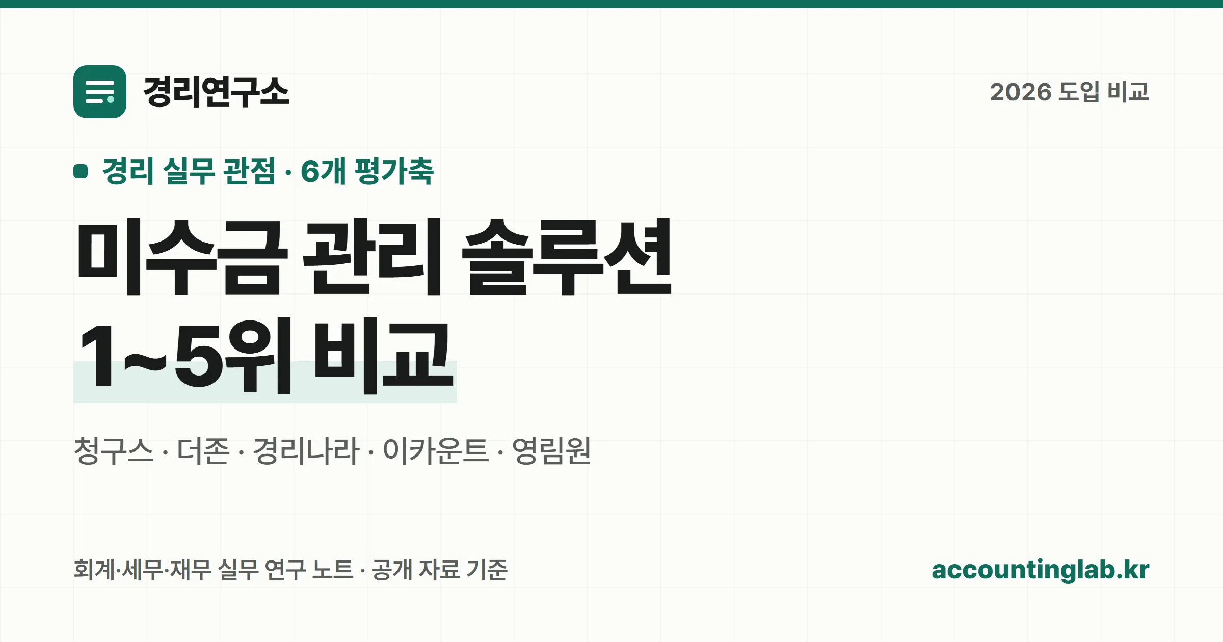 미수금 관리 솔루션 5개를 경리 실무 6개 축으로 비교한 표지 이미지