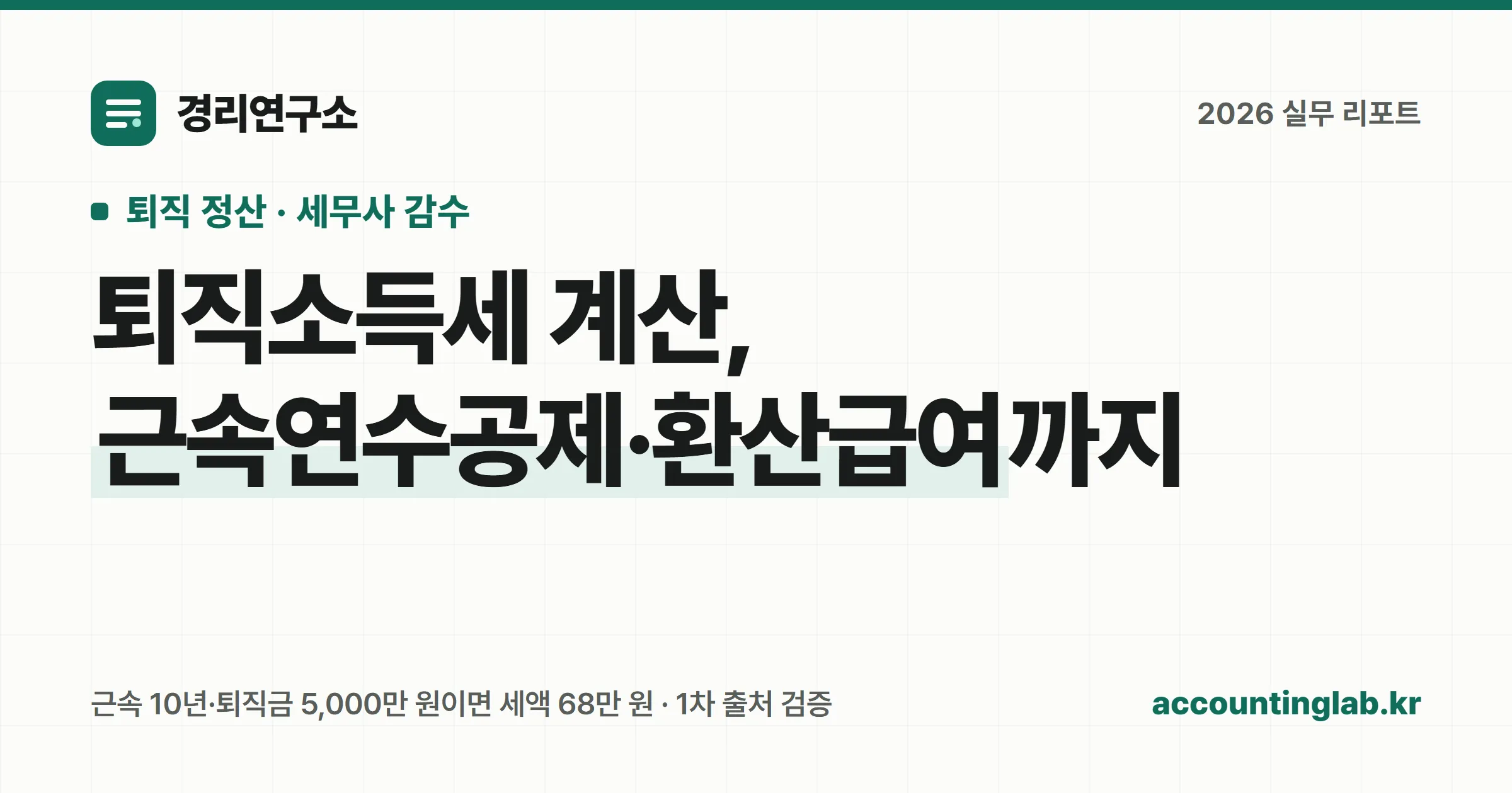 근속연수공제와 환산급여로 퇴직소득세를 계산하는 5단계 구조를 표현한 경리연구소 표지 그래픽