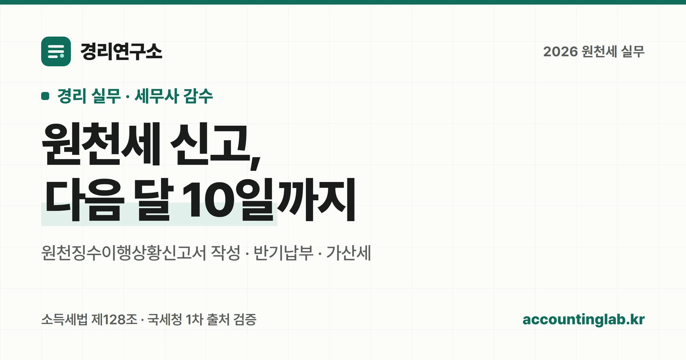 급여 지급일 다음 달 10일까지 원천징수이행상황신고서를 제출하고 원천세를 납부하는 매월 신고 흐름을 표현한 개념 이미지